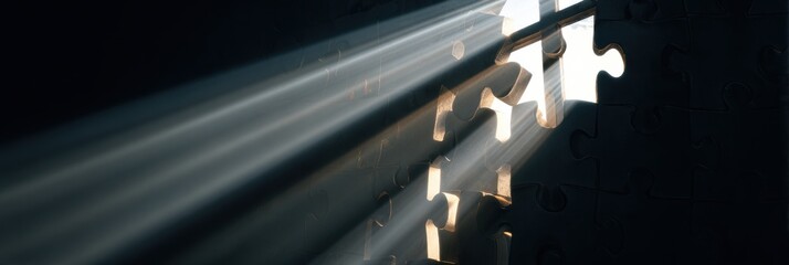 Light Pours Through a Puzzle Ribbon Window Creating an Awareness Metaphor in a Dimly Lit Space