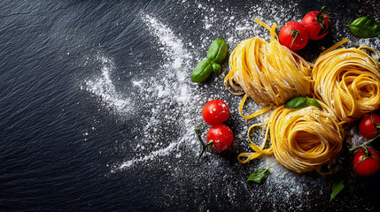 Fresh Pasta with Cherry Tomatoes and Basil on Dark Slate Background for Culinary Arts and Food Presentation