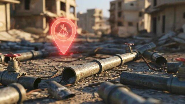 A digital marker highlights a gas pipeline in a war-torn urban landscape with debris scattered around