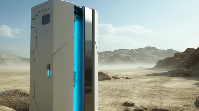 Opening Energy Unit with Glowing Blue Interior in Desert Landscape