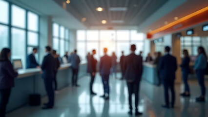 Blurred image of people queuing at a modern indoor service counter, business or government office environment, bright lighting with large windows and digital queue displays, public service scene
