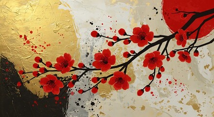  A vibrant branch with red cherry blossoms and buds extends across an abstract background featuring gold leaf textures, black and white brushstrokes, and red paint splatters, with a prominent red sun.