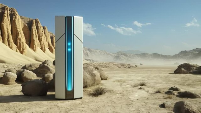 Futuristic Tower Device with Illuminated Blue Bar in Desert Landscape