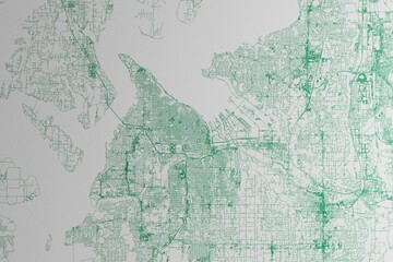Map of the streets of Tacoma (Washington, USA) made with green lines on white paper. 3d render, illustration