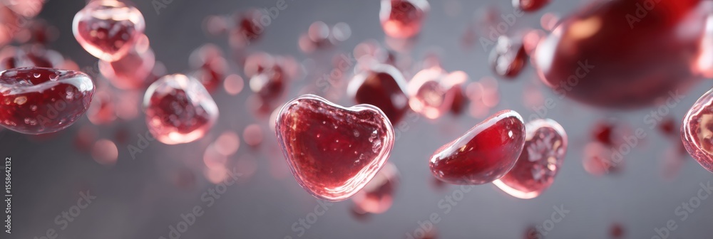 Poster Heart-shaped Blood Cell Concept Rendered in Soft 3D With Vibrant Details and Dynamic Floating Elements in an Abstract Space