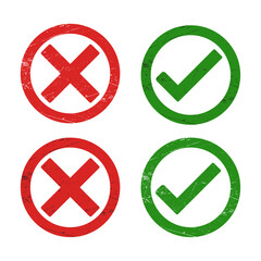 Obraz premium Grunge-style green check and red cross icons perfect for apps, websites, infographics, UI feedback, and approval or reject messages.