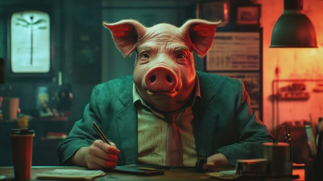 A man in a suit, wearing a pig mask, sits at a desk in a dimly lit room. He appears to be writing