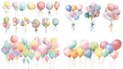 Pastel watercolor balloons in floating bunches and arrangements. Ideal for birthday, baby shower, or celebration designs with soft festive vibes.