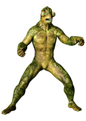 3D Rendering Green Alien on White