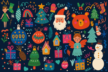 New Year doodle banner with Santa Claus, Christmas trees, gifts, snowman, decorations and holiday elements