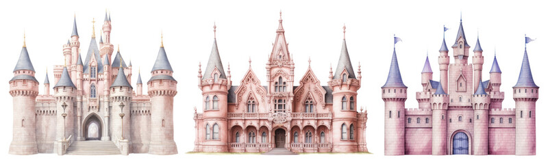 Naklejka premium PNG Enchanting fairytale castle illustrations, element set on transparent background