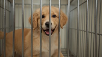Golden retriever. Golden retriever puppy behind bars inside metal cage