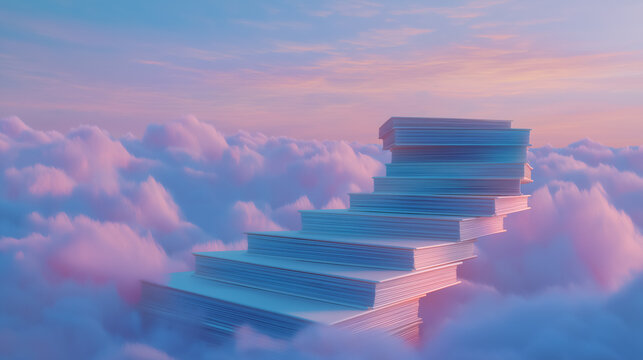 A staircase made of stacked sheets of paper rises into soft, colorful clouds during twilight. The dreamy setting can inspire creativity for businesses in design, advertising, and publishing