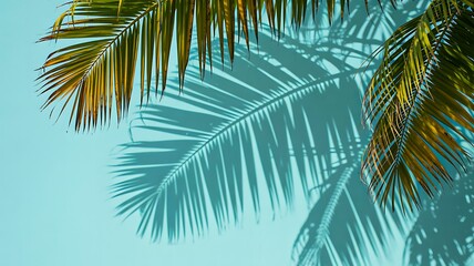 Palm leaves casting shadows on turquoise background in tropical light
