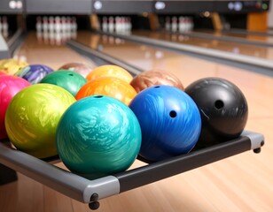 Colorful bowling balls on rack in alley