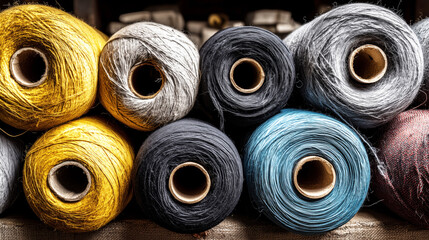 Macro shot of fabric rolls in textile factory with soft natural light