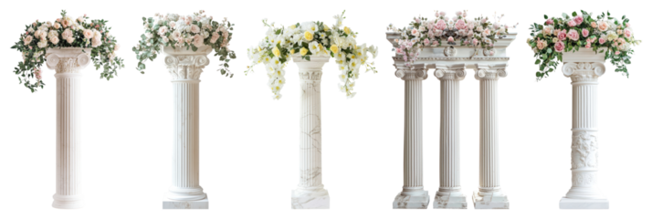 PNG Elegant floral-adorned marble columns, element set on transparent background