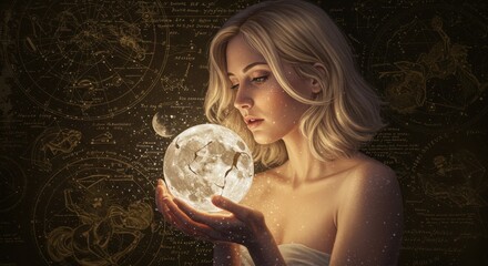 Ethereal Woman Holding a Cracked Moon