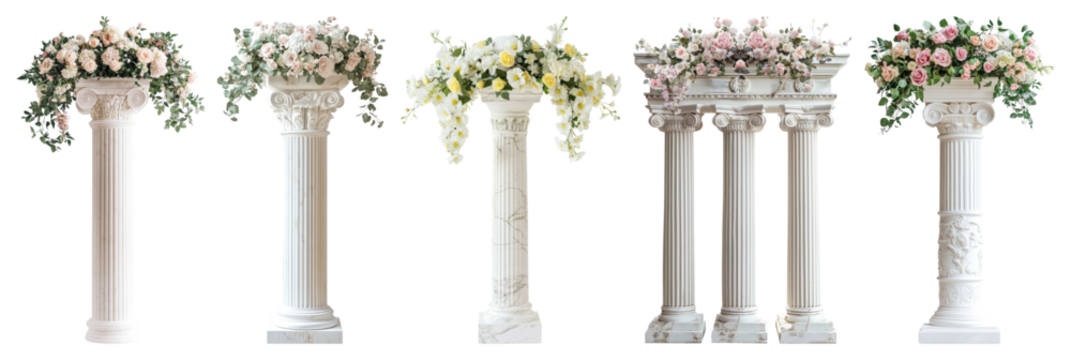 PNG Elegant floral-adorned marble columns, element set on transparent background