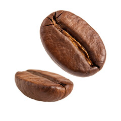 One aromatic roasted coffee bean in motion, falling from above isolated on a transparent background png