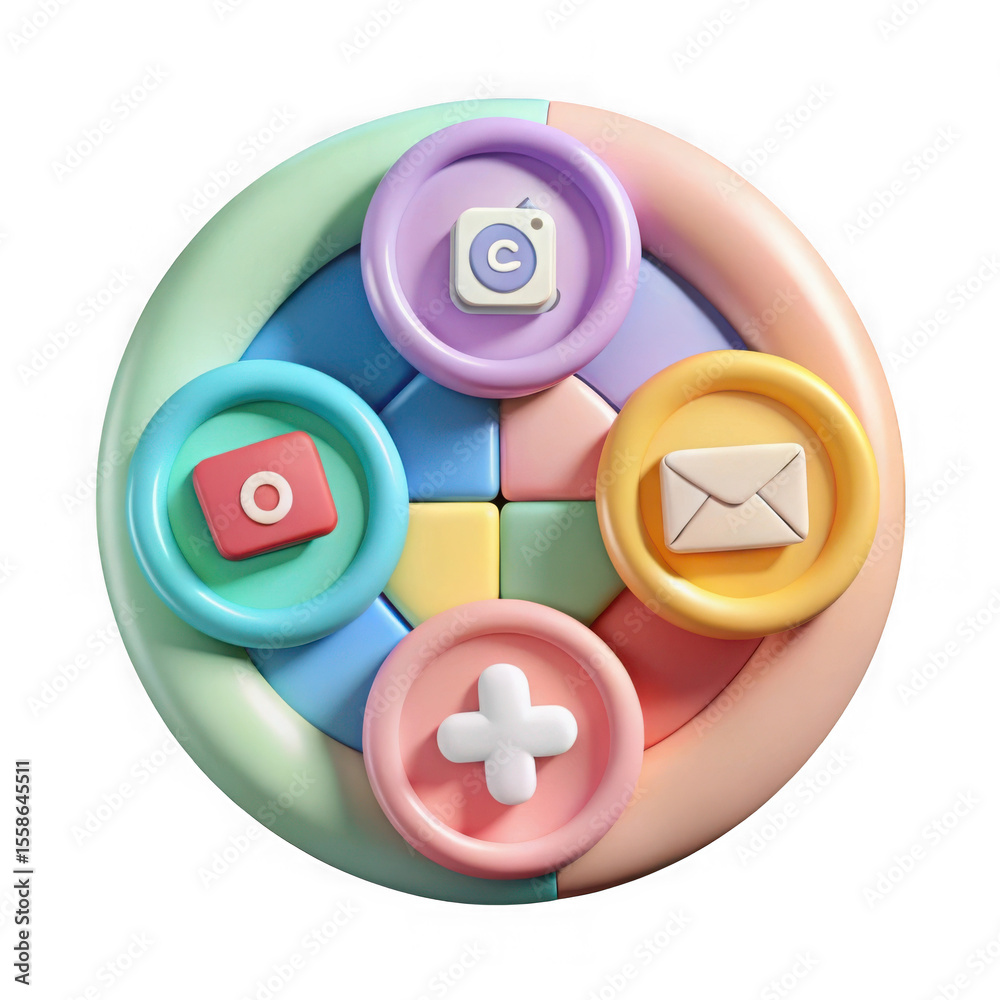 Fototapete Colorful 3d app icons arranged in a circular pattern isolated on transparent background