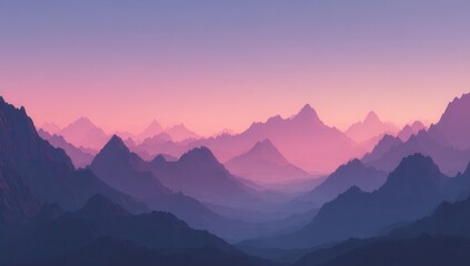 Fototapeta premium Serene panorama of hazy, purple-hued mountains at sunset, layered into the distance, creating a tranquil, dreamlike atmosphere