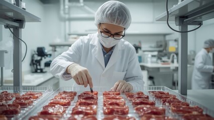 Scientist working. Food scientist woman in white lab coat inspecting r