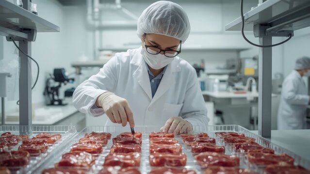 Scientist working. Food scientist woman in white lab coat inspecting r