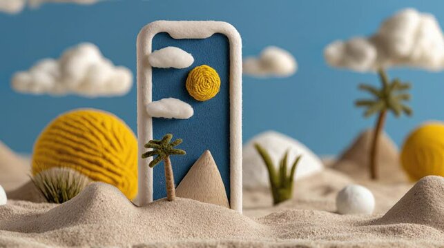 Conceptual animation of smartphone as vacation portal &ndash; surreal yarn desert with moving clouds and palm trees