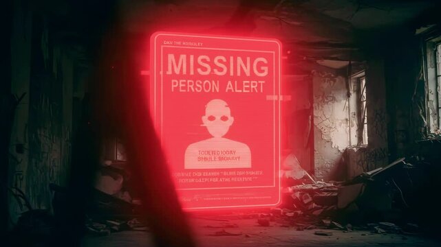 Neon Missing Person Alert Sign Illuminating an Abandoned Building with Broken Windows and Debris
