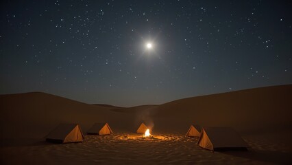 Desert tents. Desert camp tents fire night stars bright moon clear sky