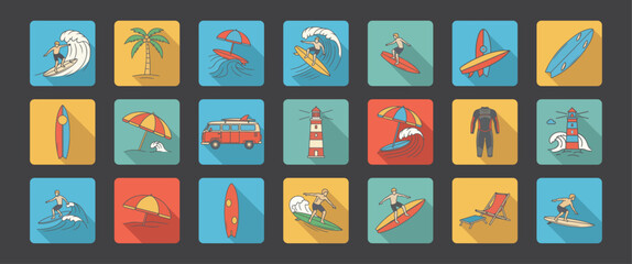 Flat Surfing and Beach Life Icons Pack with Surfers, Boards, Van, Umbrellas, and Coastal Elements in Vibrant Vector Style
