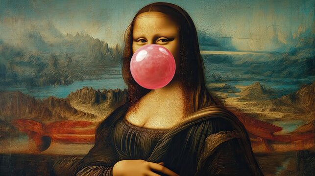 Mona Lisa Blowing Bubble Gum in Playful Art Remix Combining Classic Portrait With Modern Pop Culture