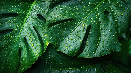 Monstera leaf with raindrops on surface, symbolizing freshness and nature
