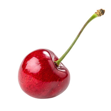 A single fresh and shiny red cherry with a green stem attached isolated on a transparent background png