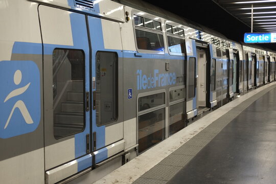 Paris, France - April 31, 2025. A view of a RER (Regional Express Railway) which stops at a Parisian station. 