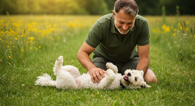 Owner man petting and playing with liying dog in sunny outdoor park. Leisure and pet care