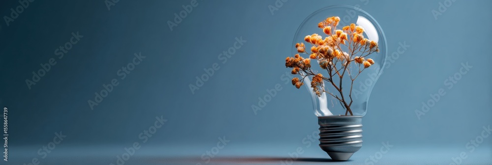 Poster Lightbulb With Blooming Flower Symbolizes Growth and Creativity in a Minimalist Setting