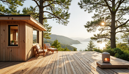 Modern wooden cabin overlooking the serene lake and mountains  