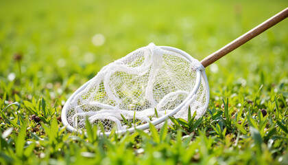 Fishing net resting on green grass in bright daylight  