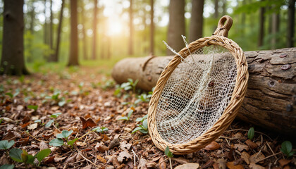 Rustic fishing net resting on a log in a sunlit forest  