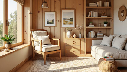 Cozy living room with wooden furniture and natural light from windows  