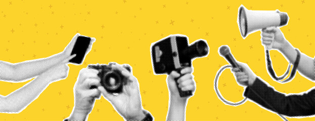 Collage elements with hands and cut out figures and doodle elements. Vintage vector set. Retro style halftone effect. Hand gestures with smartphone, photographer, video camera, microphone, megaphone, 