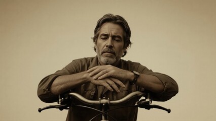 Man portrait. Older man with gray hair resting on bicycle handlebars,