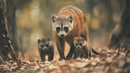 Fototapeta premium Mother raccoon with two cubs walking through fallen autumn leaves, backlit by golden sunlight creating warm atmosphere