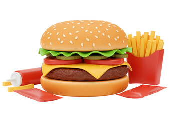 Isolated Classic Hamburger with French Fries and Ketchup