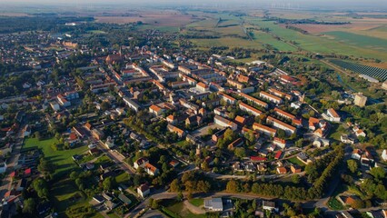 Aerial panoramic view around the old town of the city Pasewalk on a sunny morning in summer in...
