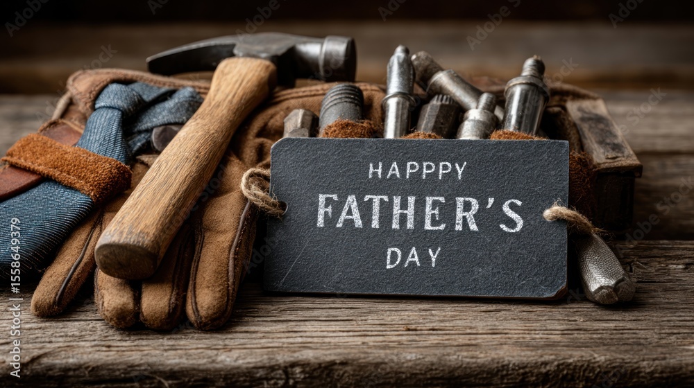 Fototapete happy fathers day message on a chalkboard tag with frame of tools and ties on wooden background