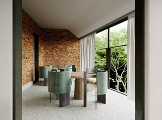 modern loft living room with dining room space and brick wall pattern background. 3d render.