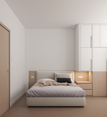 modern minimal bedroom with white bed and wooden headbed and closet on white wall pattern background. 3d render.